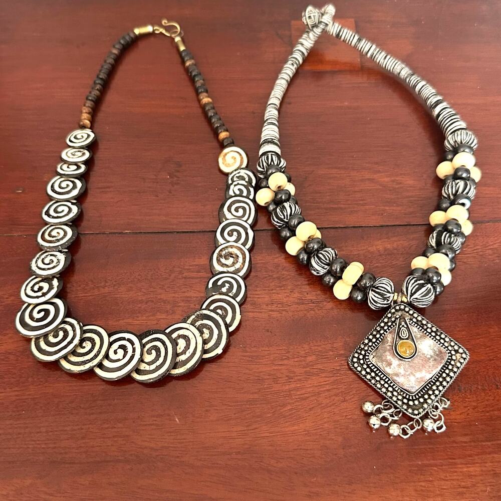 Exotic Tribal Necklace Set of 2 Lot Bundle Jewelry Unique Boho Brown Bohemian